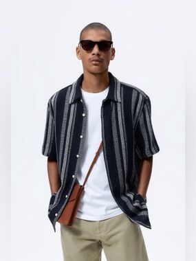 Zara Striped Cabana Shirt Black White Size Large